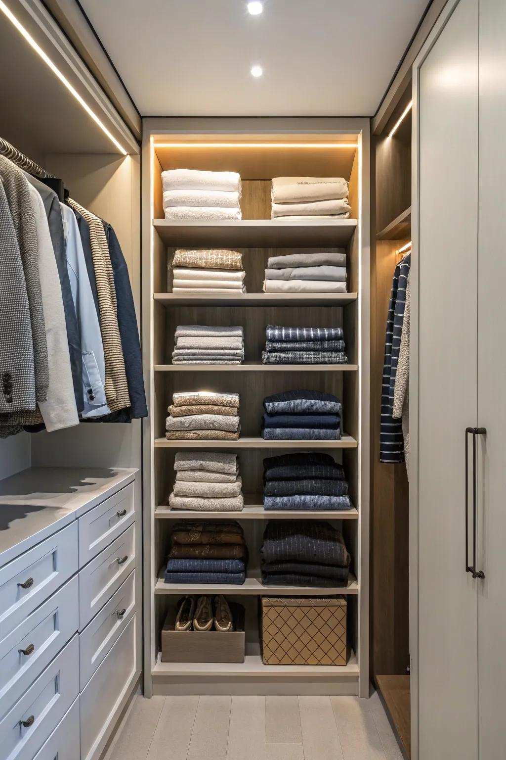 Compact folding techniques for tidy shelves.