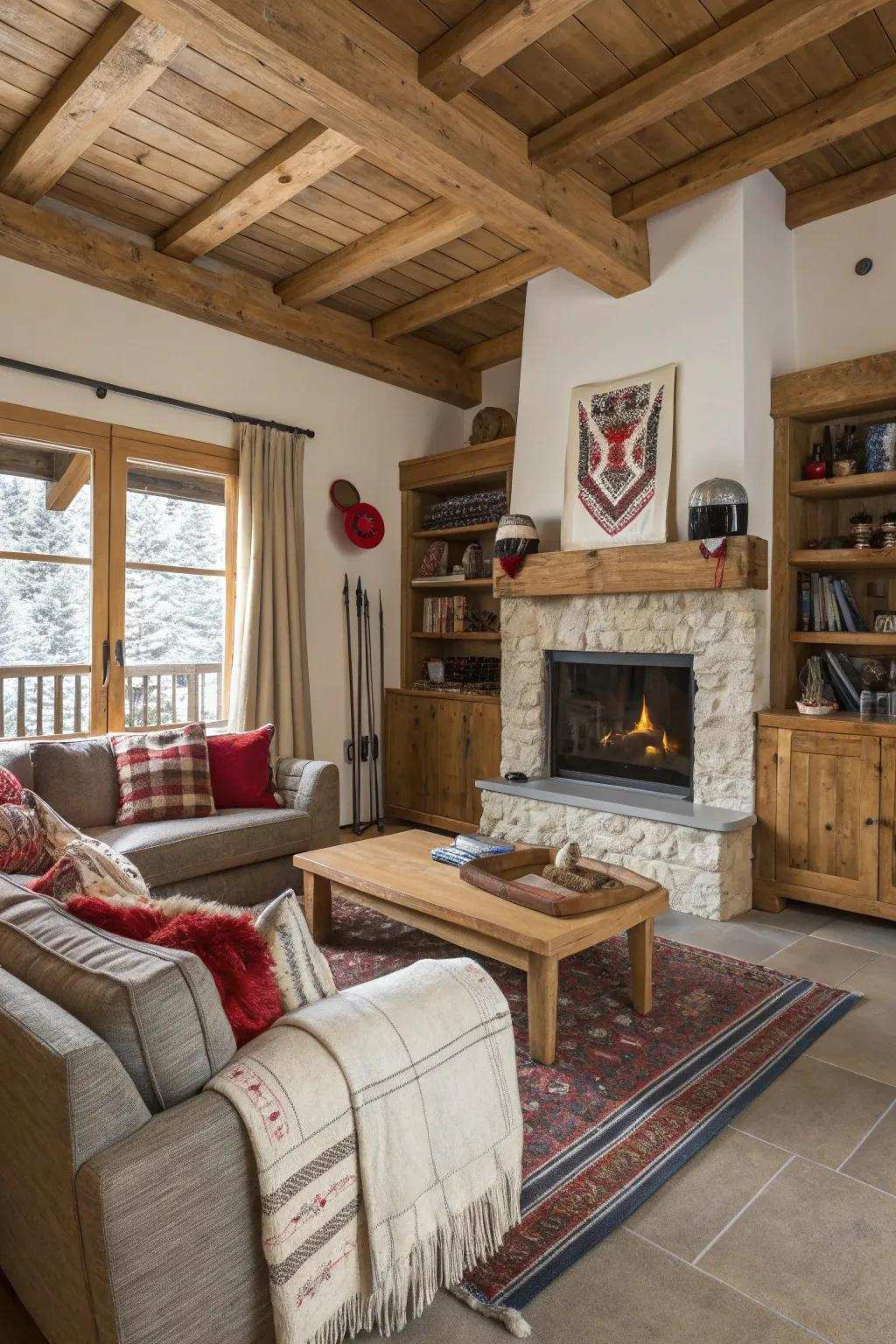Complete your ski decorations with weathered timber furnishings.