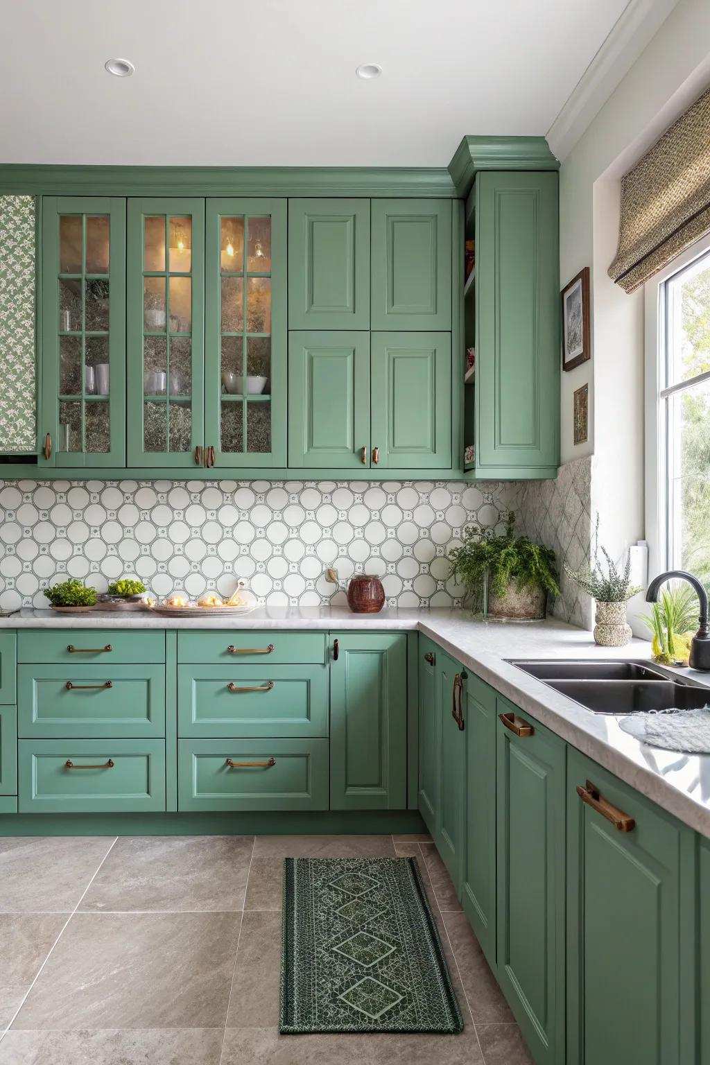Composing varied shades of green adds dimension to the kitchen design.