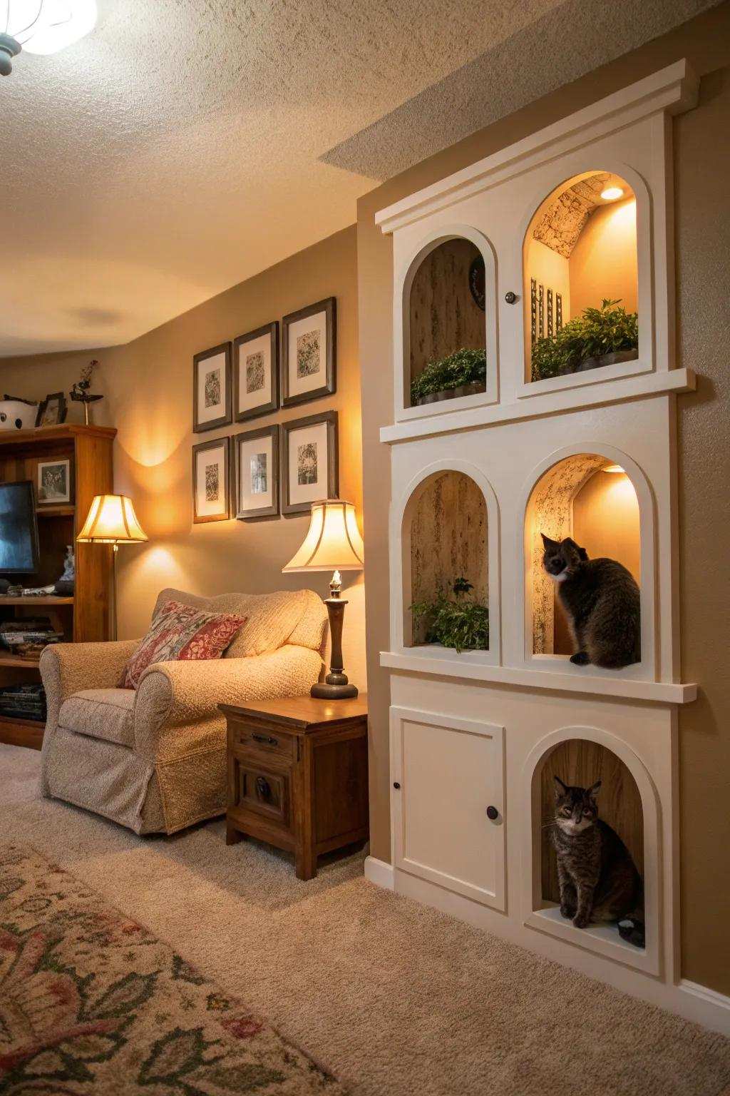 Concealed cubbies provide a sanctuary for shy cats.