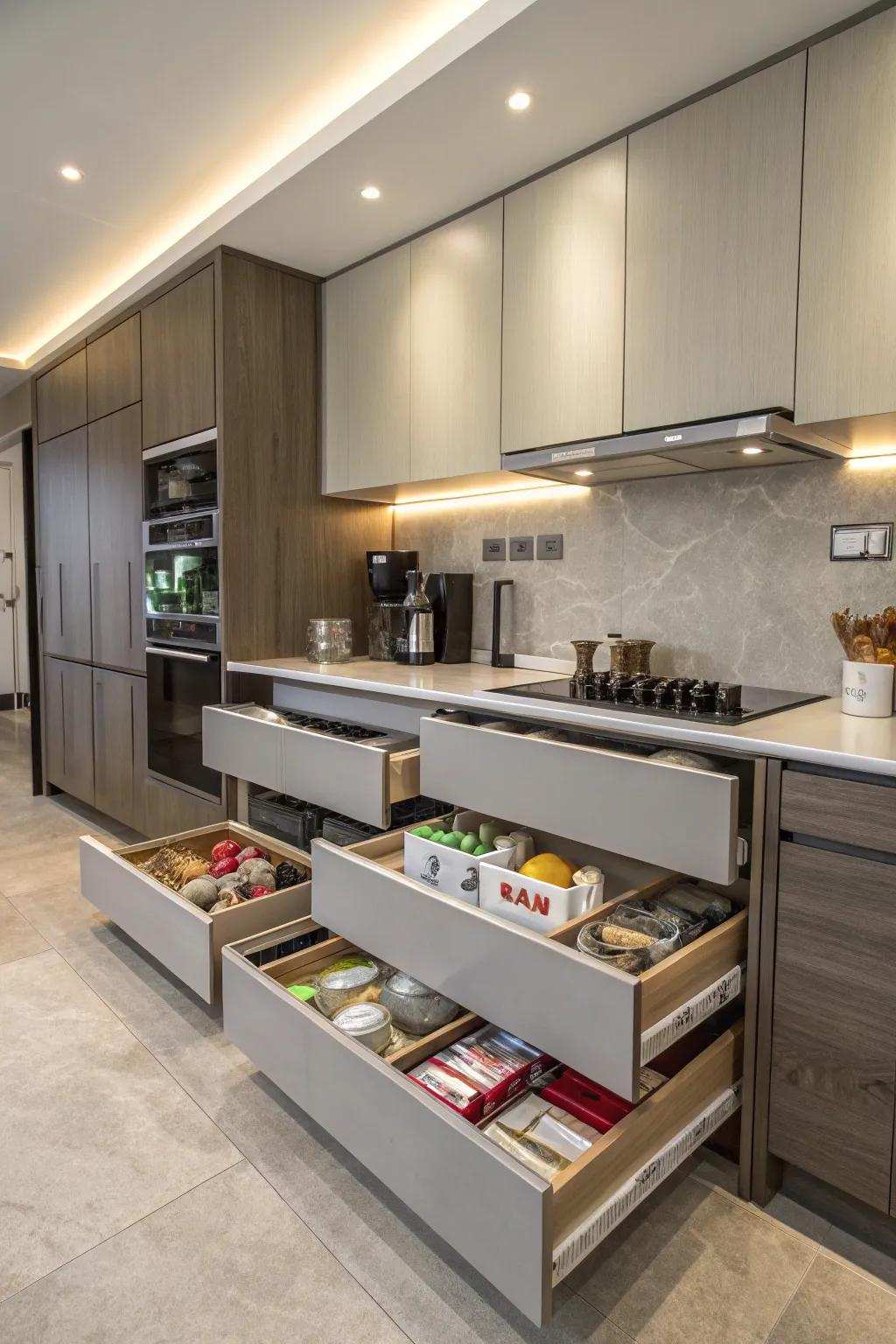 Concealed holding keeps a windowless kitchen tidy and organized.