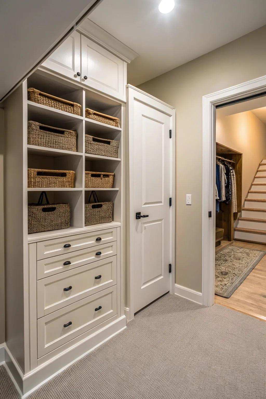 Concealed storage ensures your closet looks sleek and tidy.