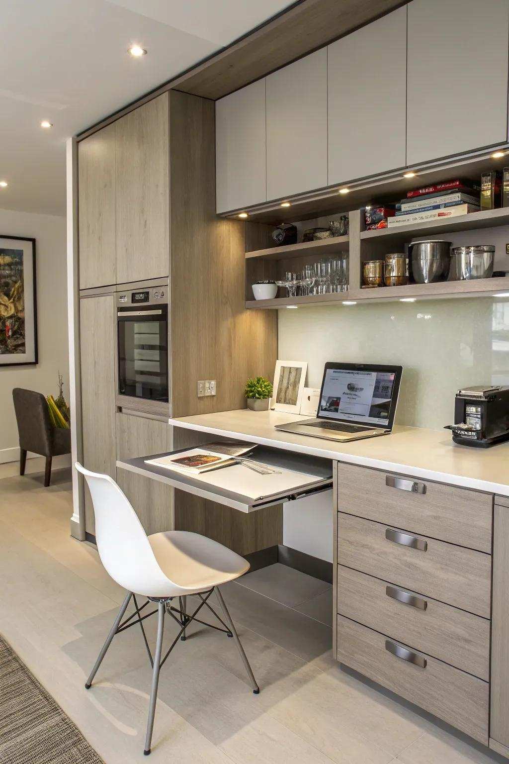Concealed workstations maintain a clean and organized kitchen appearance.