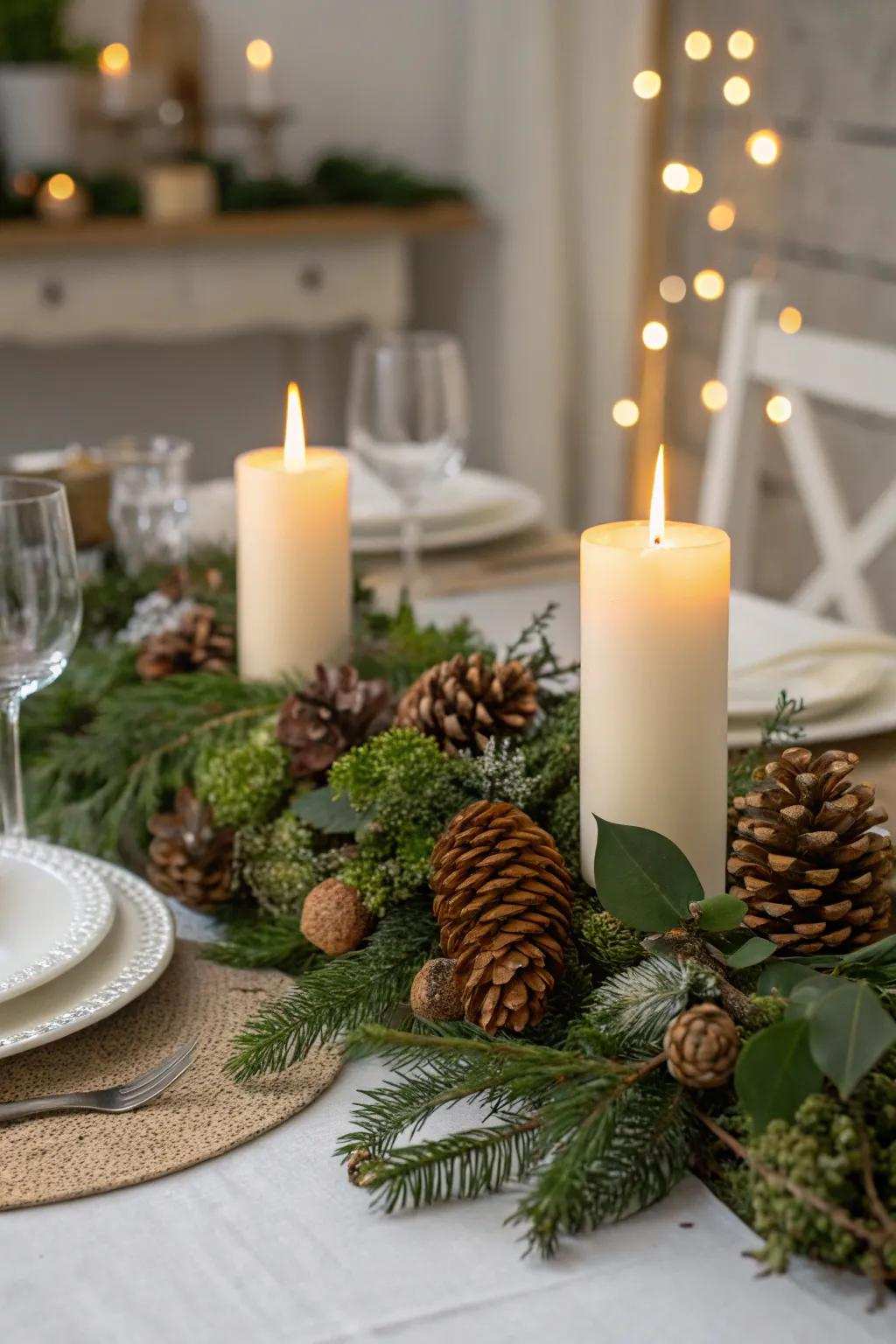 Cone accents bring natural charm to the holiday table.