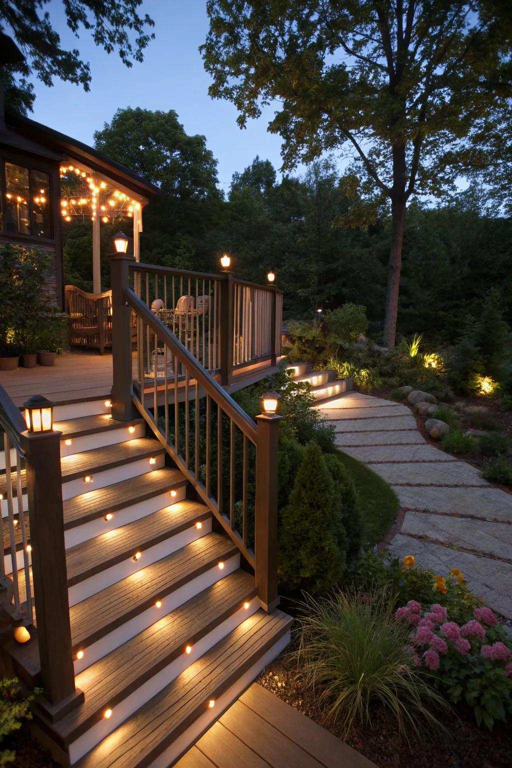 Construct a welcoming deck with solar lights casting a gentle glow.