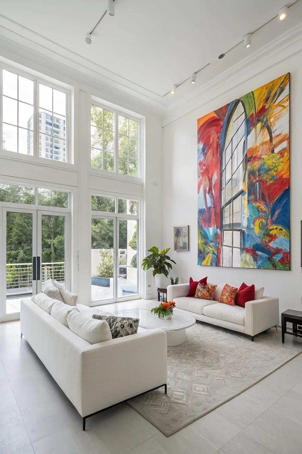 Contemporary art offers a striking contrast in a white area.