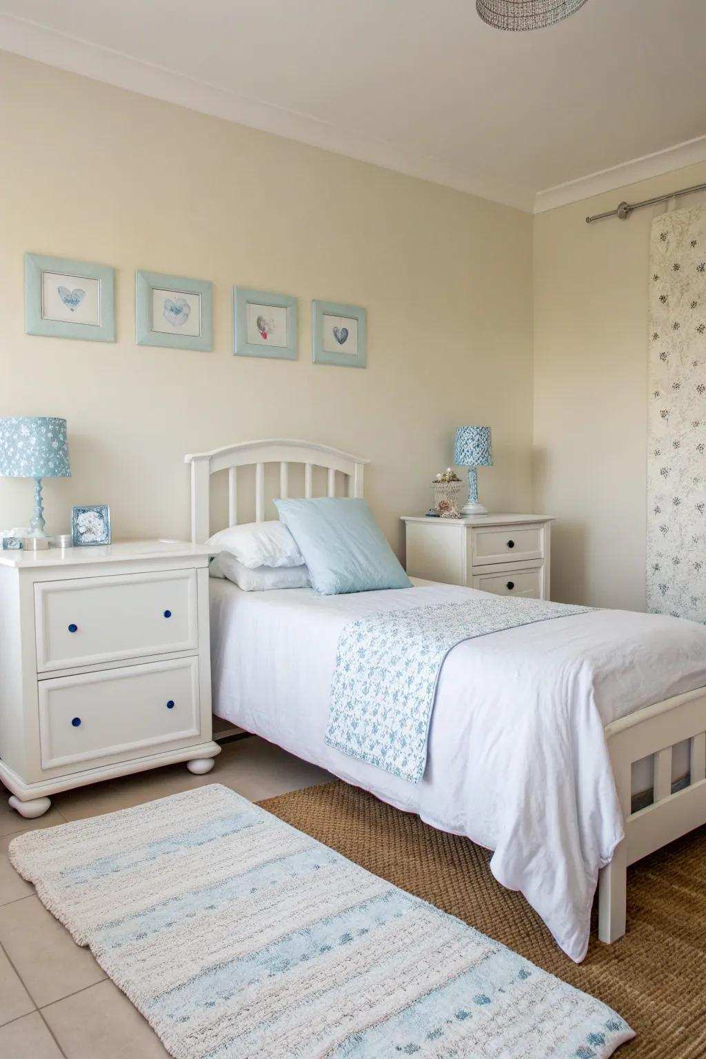 Contemporary minimalism meets tranquility in an azure-themed bedroom.