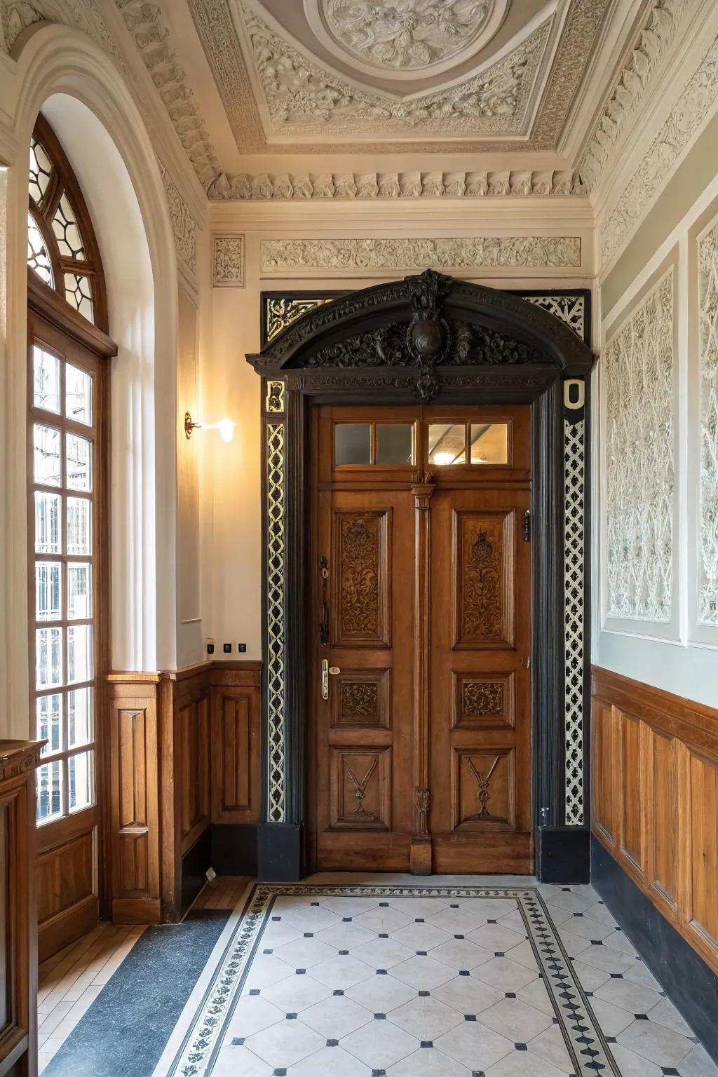 Contrasting edge enhances the visual appeal of entryway decorative wall treatments.
