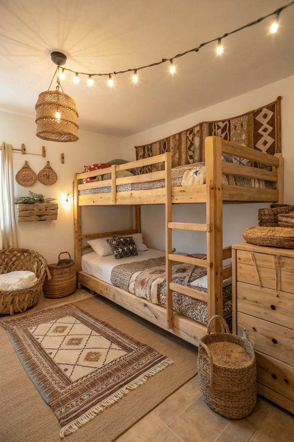 Country house charm comes alive with a beautifully crafted wooden triple bunk bed.