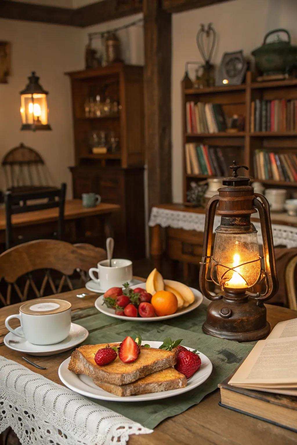 Country-style lights contributing a snug sensation to a breakfast nook.