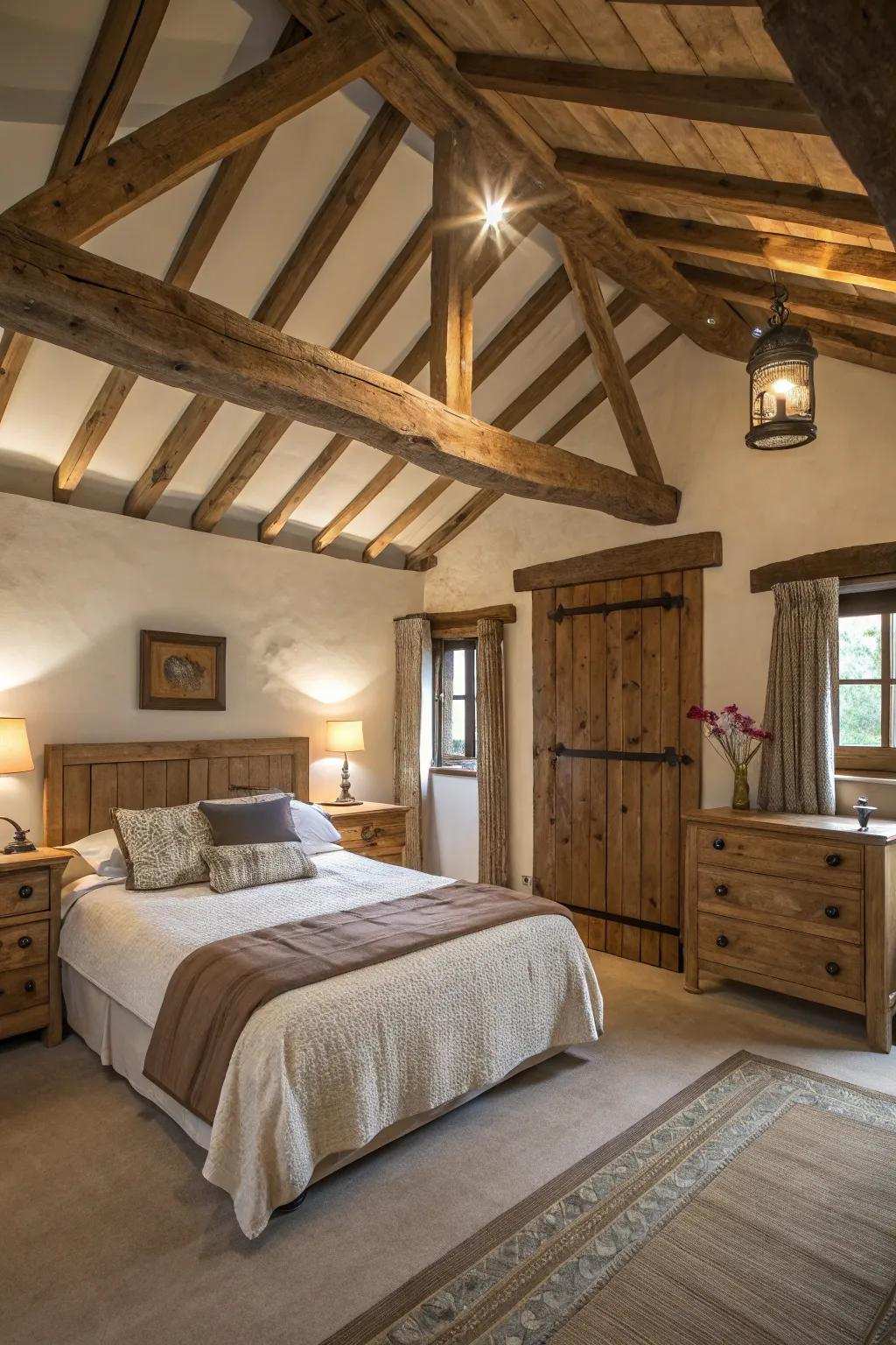 Countryside allure with open timber beams enhancing a farmhouse bedroom