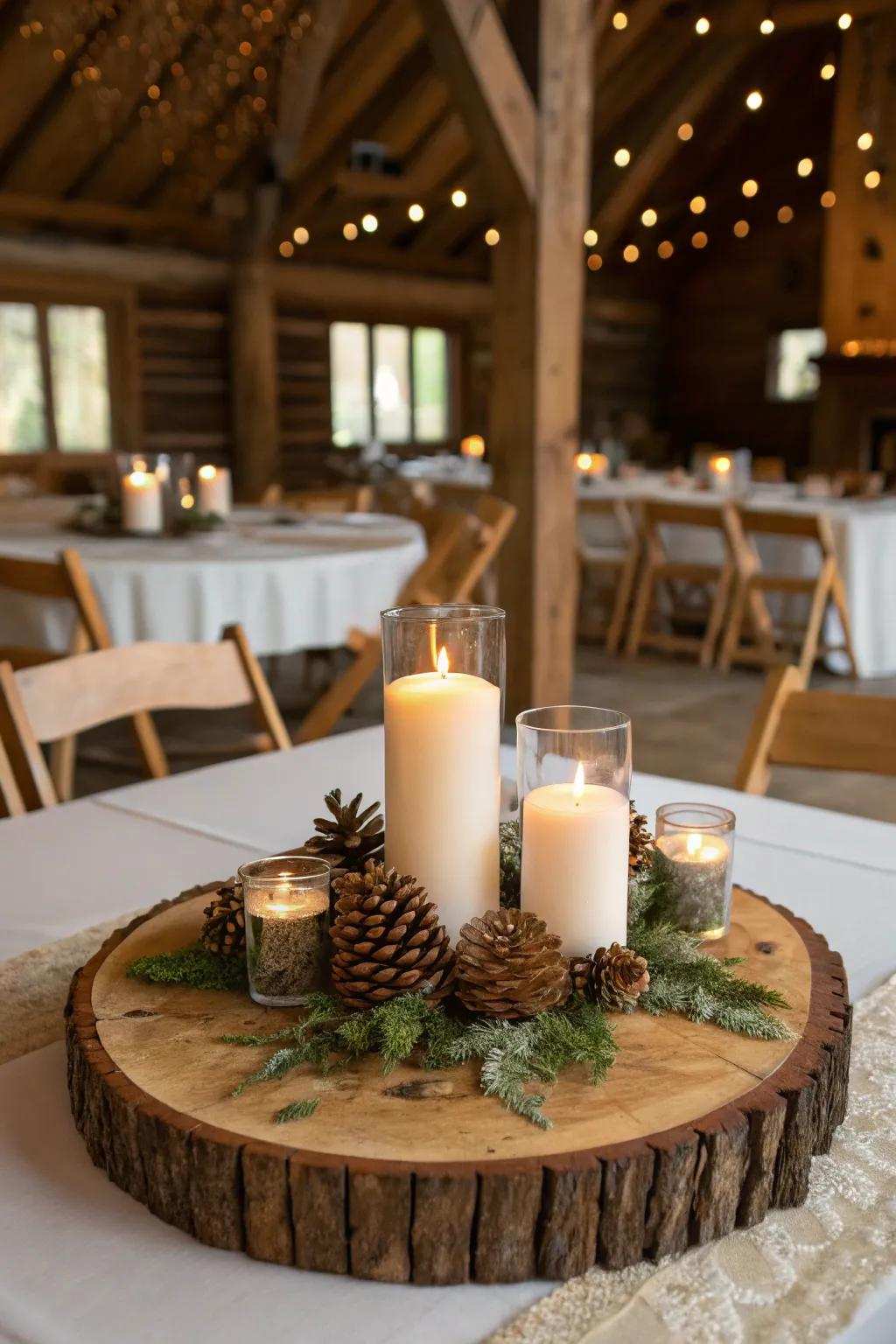 Countryside appeal using a wooden round centerpiece base.