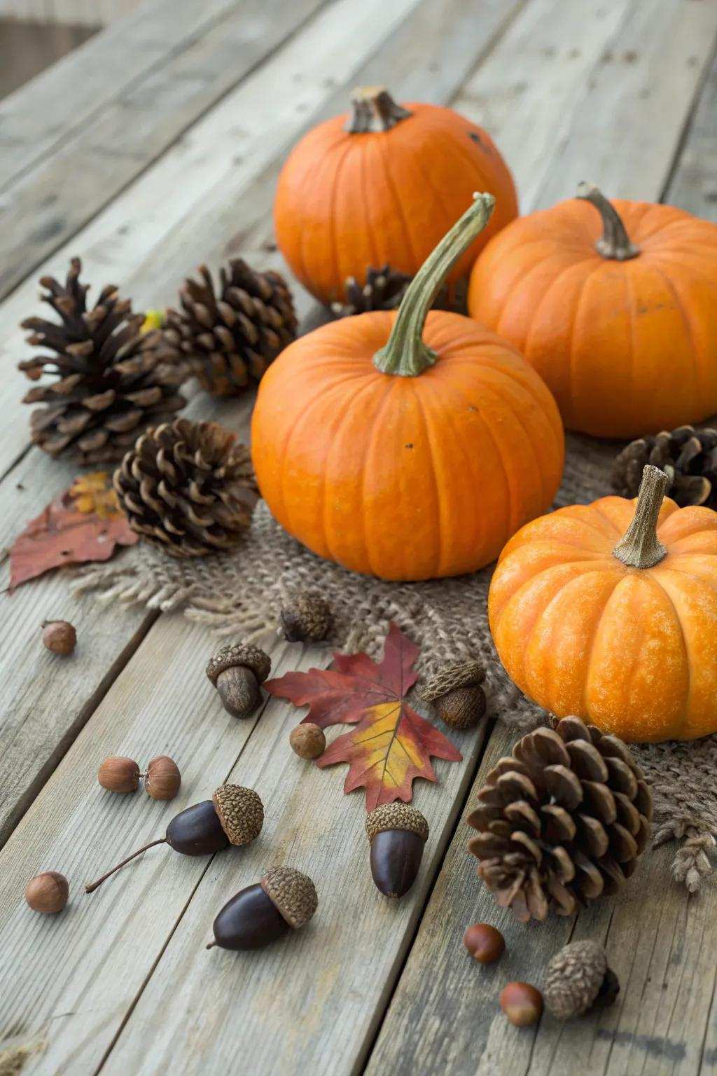 Countryside arrangements inspired by nature, showcasing pumpkins.