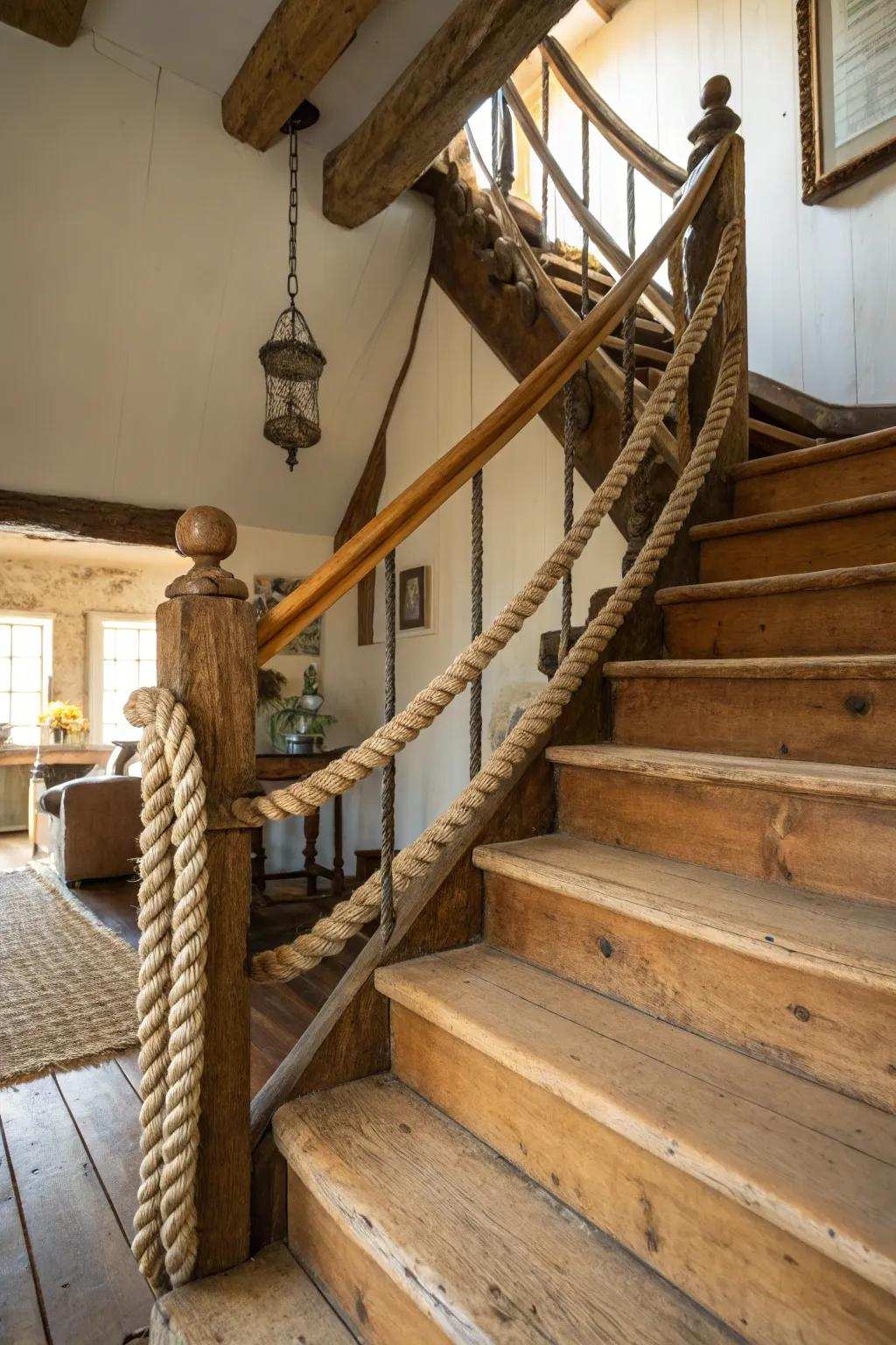 Countryside cordage banisters establish a singular farmhouse aesthetic.