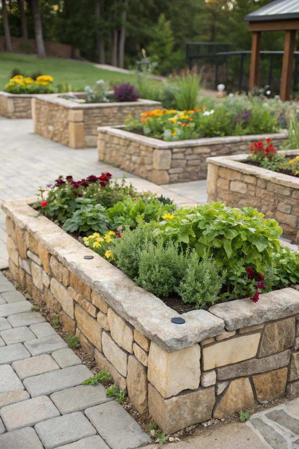 Countryside elevated planting beds constructed with rocks.