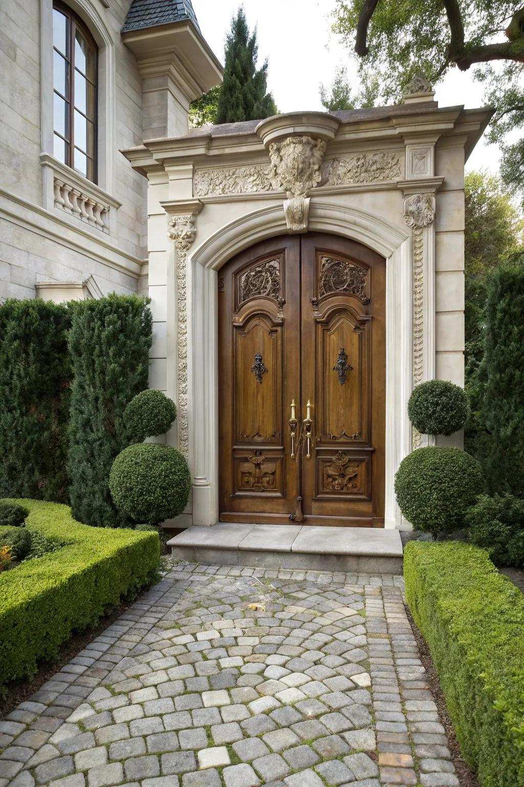Coupled doors provide a grand and welcoming entrance.