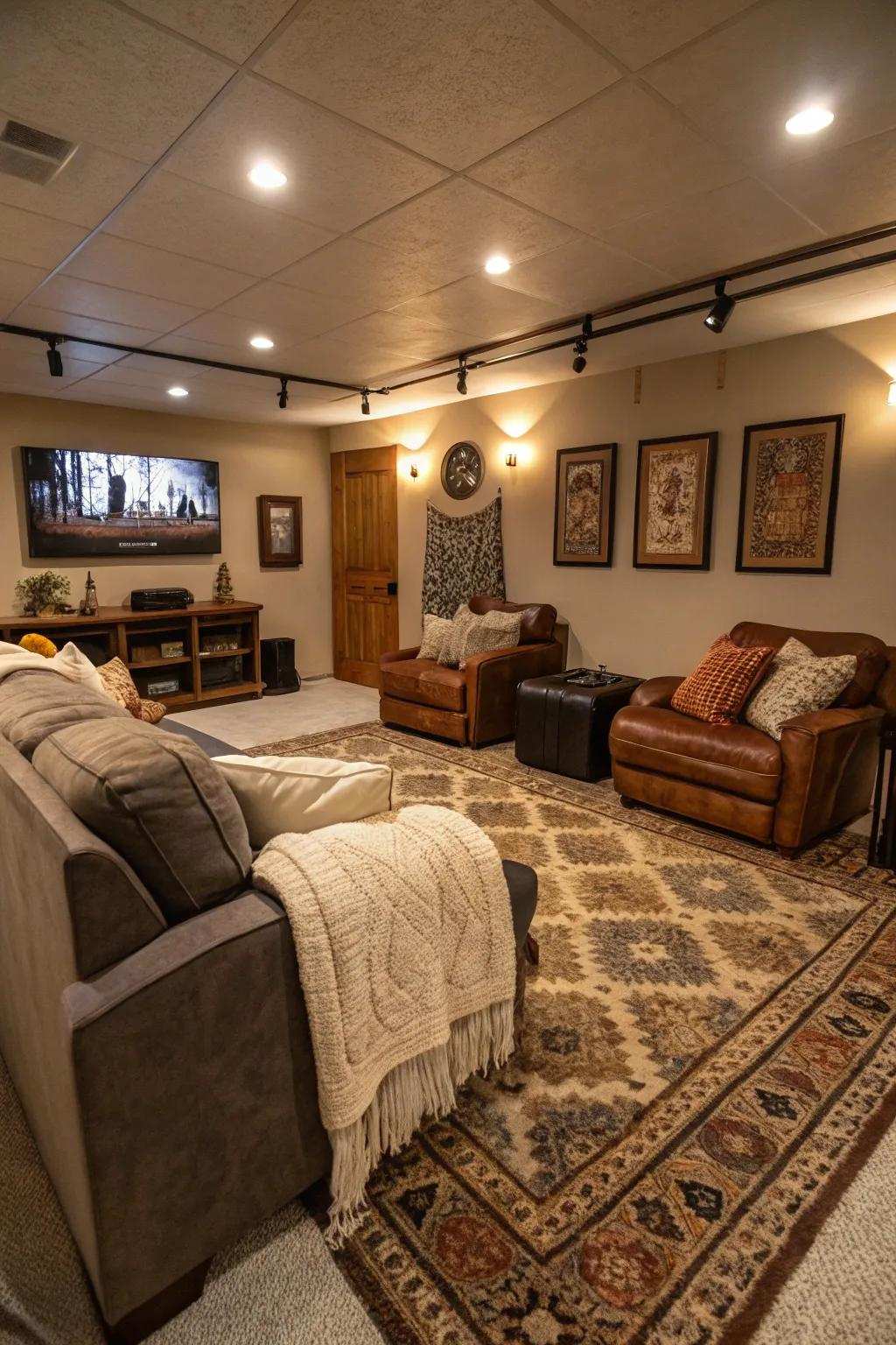 Cozy floor coverings and textiles enhance comfort and style in this man cave.