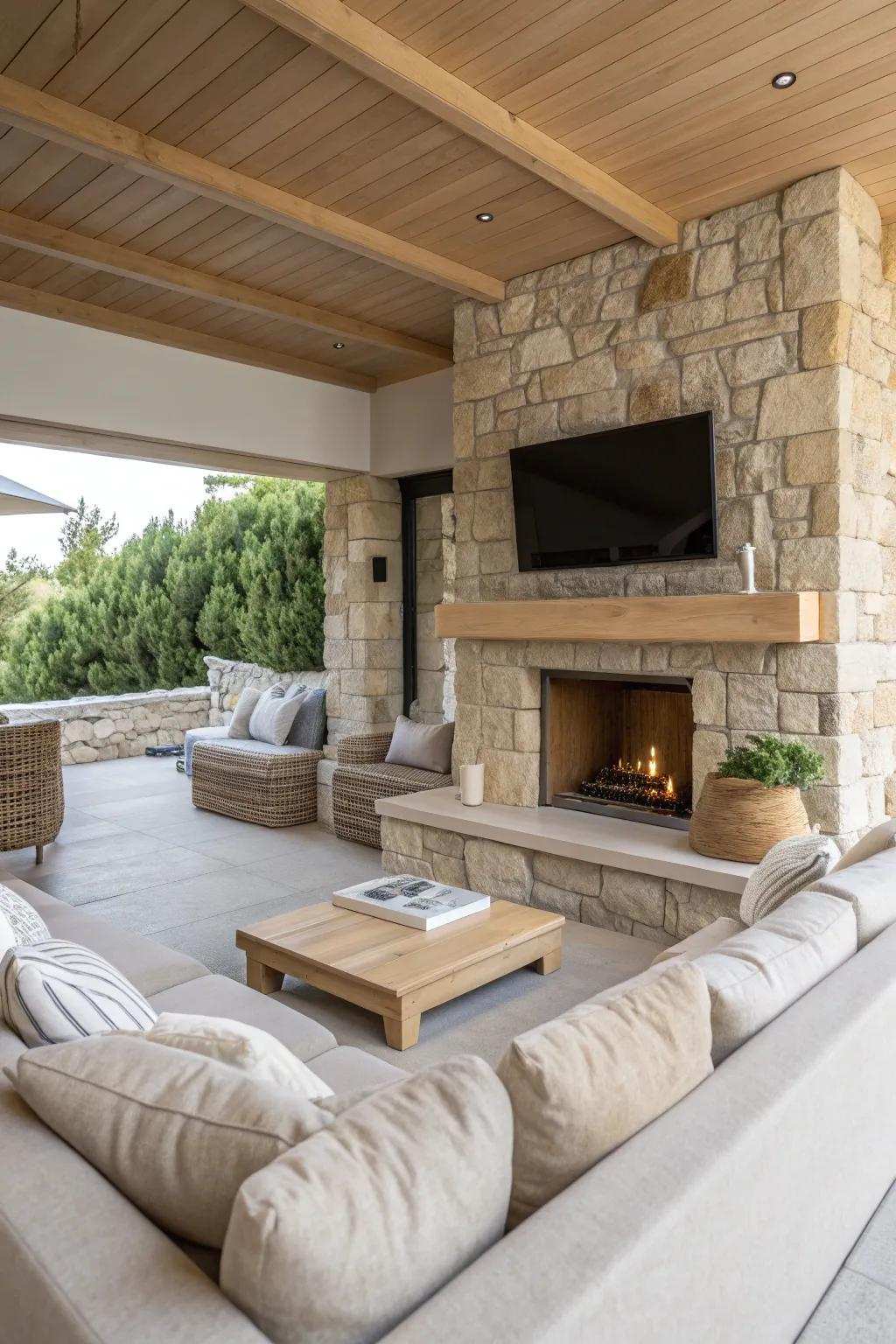 Craft a welcoming refuge through inviting seating that complements your stone fireplace.