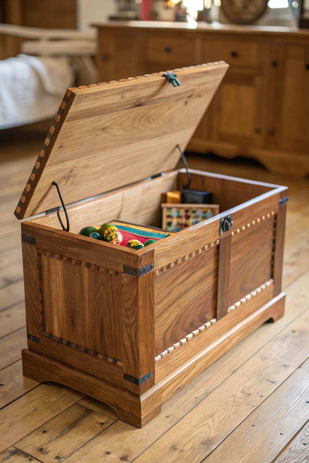 Crafted with care: A wood toy chest that combines beauty with function, perfect for keeping treasures safe.