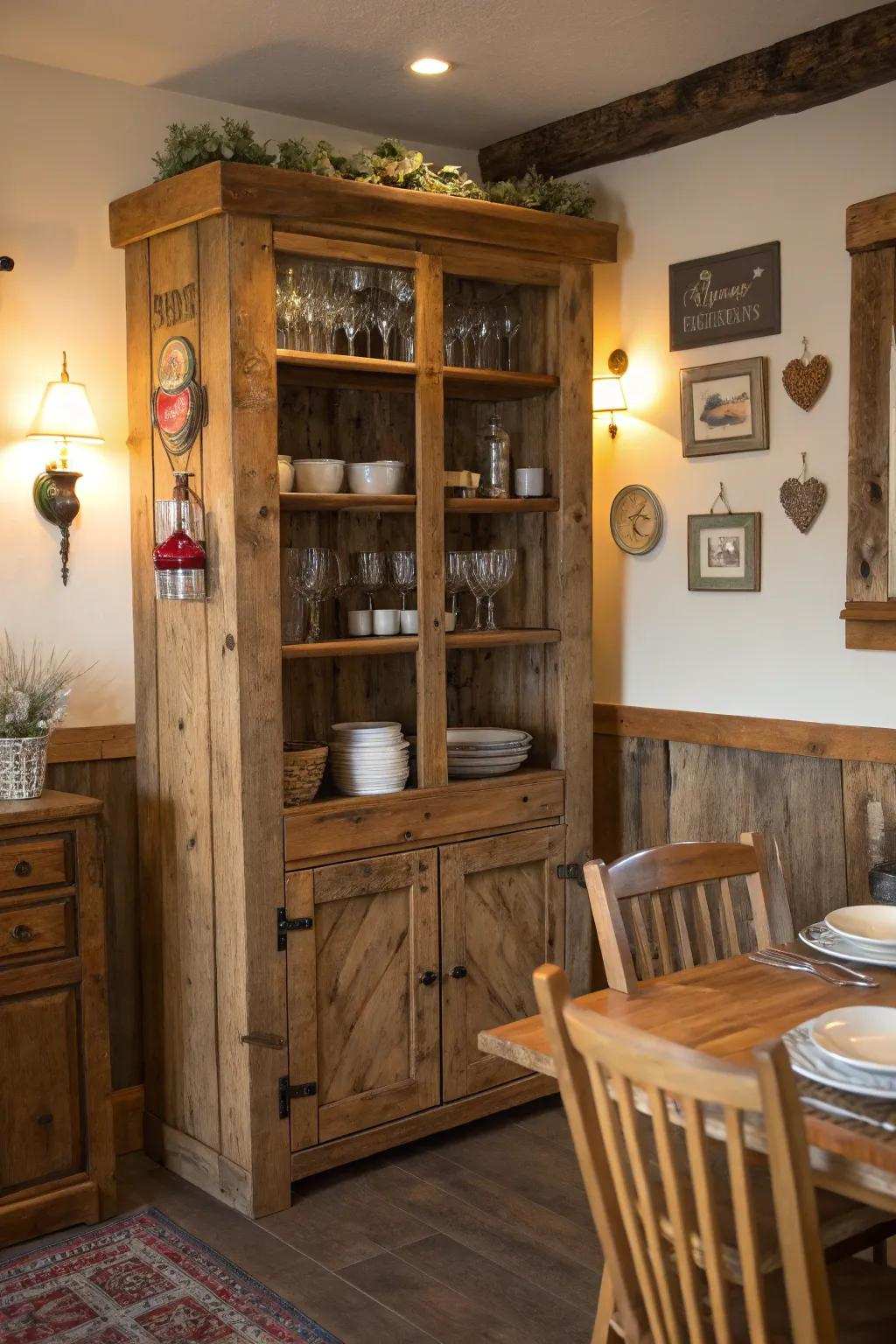 Create a sense of warmth with a rustic, repurposed lumber unit.