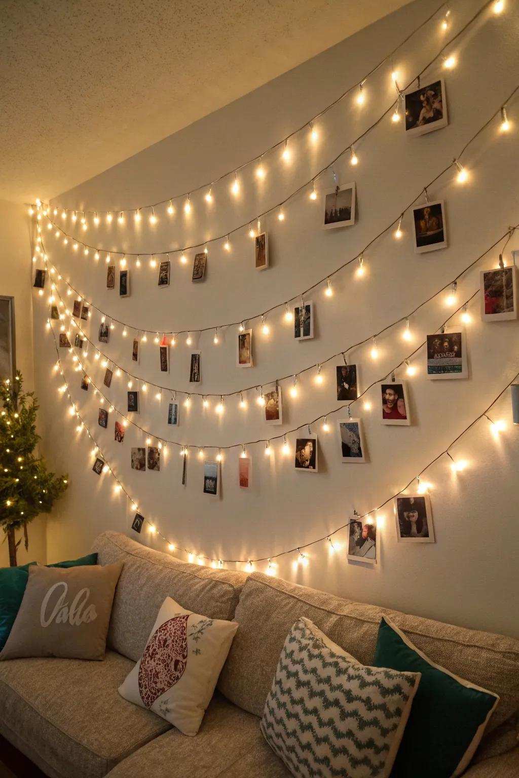 Create a waterfall effect with your photos using illuminated strands for a captivating scene.
