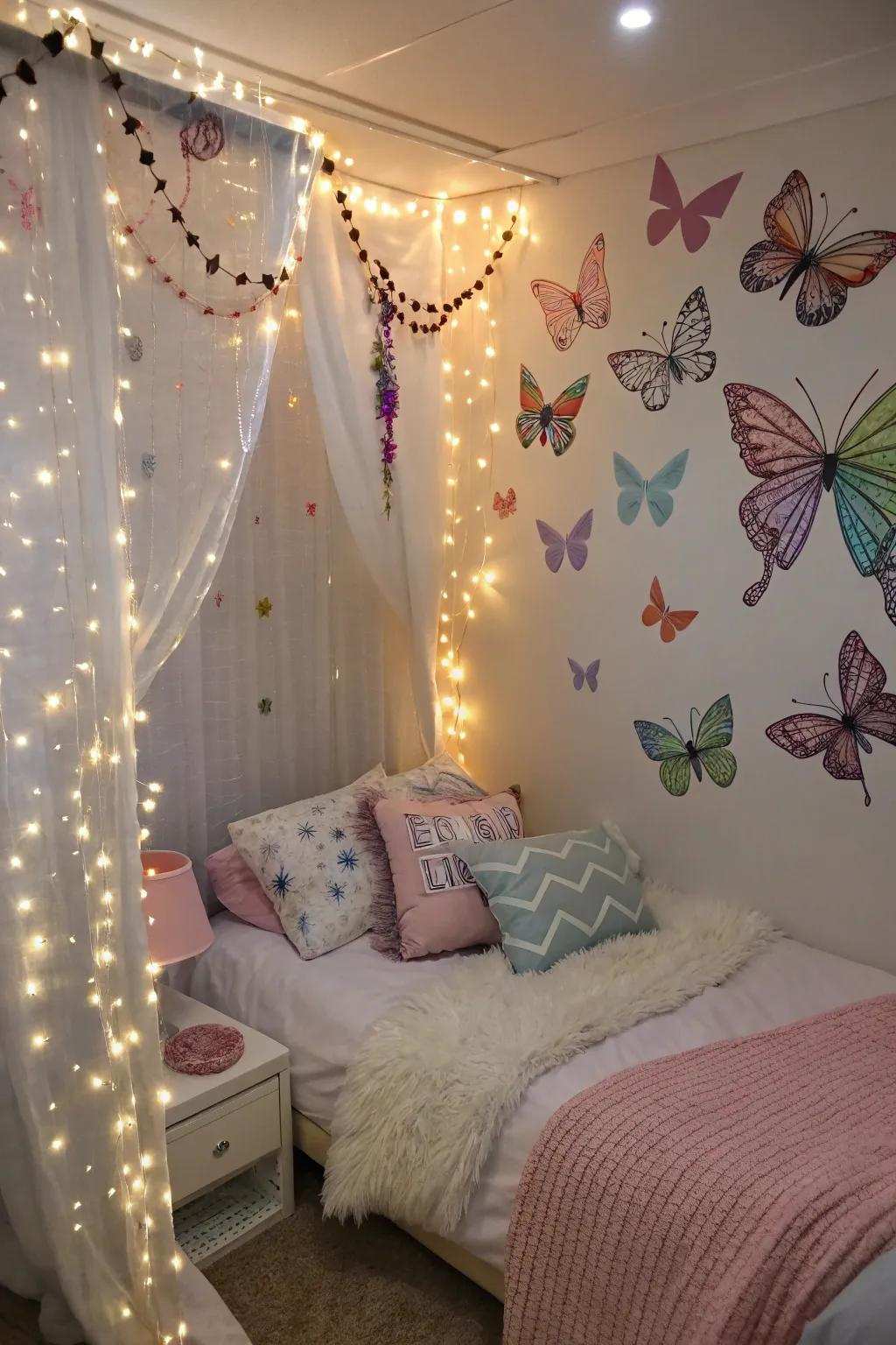 Create a whimsical Fairy Glen with fluttering flutterbies and shimmering lights.