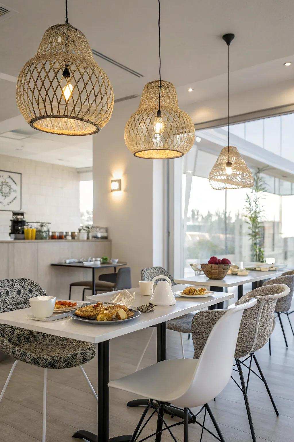 Creative illumination installations infusing flair into a breakfast area.