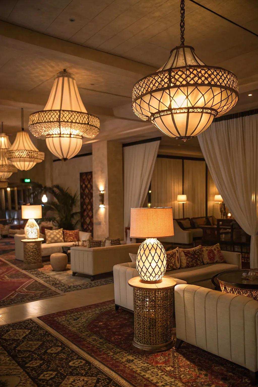 Creative light fixtures add character and illuminate the living room beautifully.