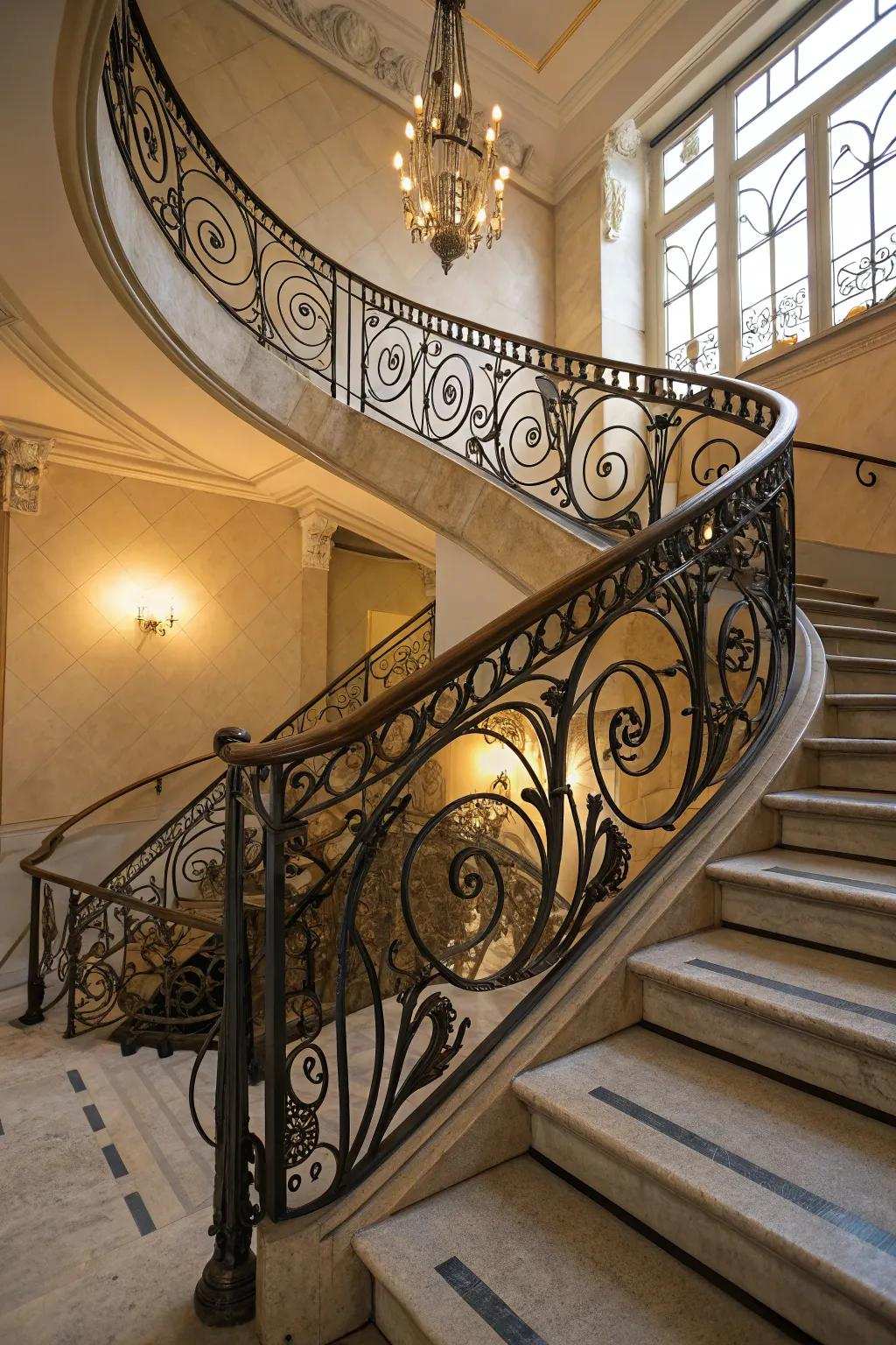 Creative metallic work railings that enhance the visual allure of a country stairway.