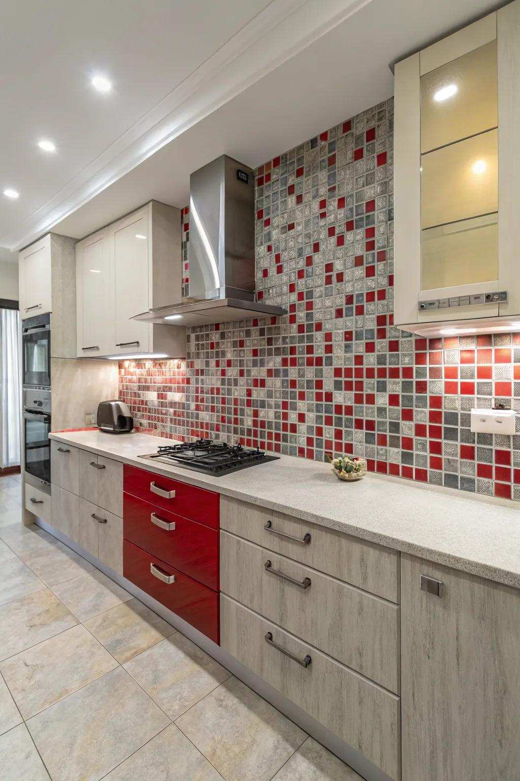 Creative red and grey mosaic tiles create a distinctive flair.