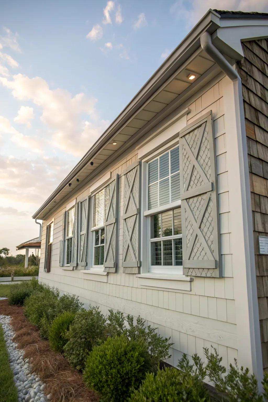 Crosshatch shutters contribute panache and functionality.