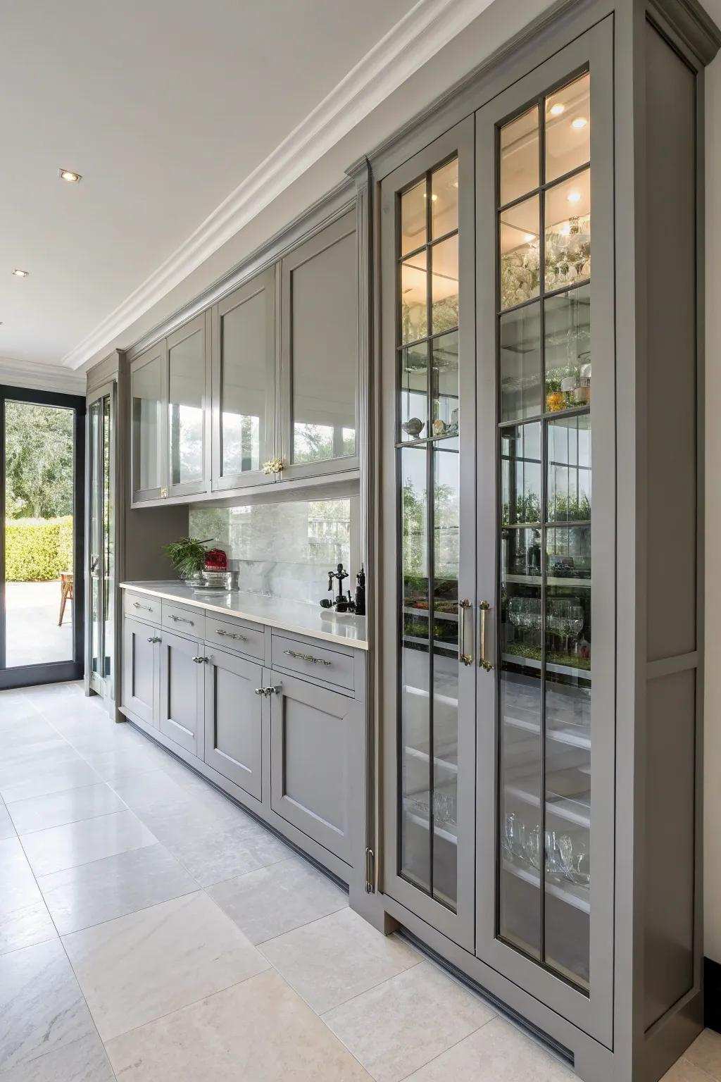 Crystal cabinet entrances add elegance and openness to gray cabinets.