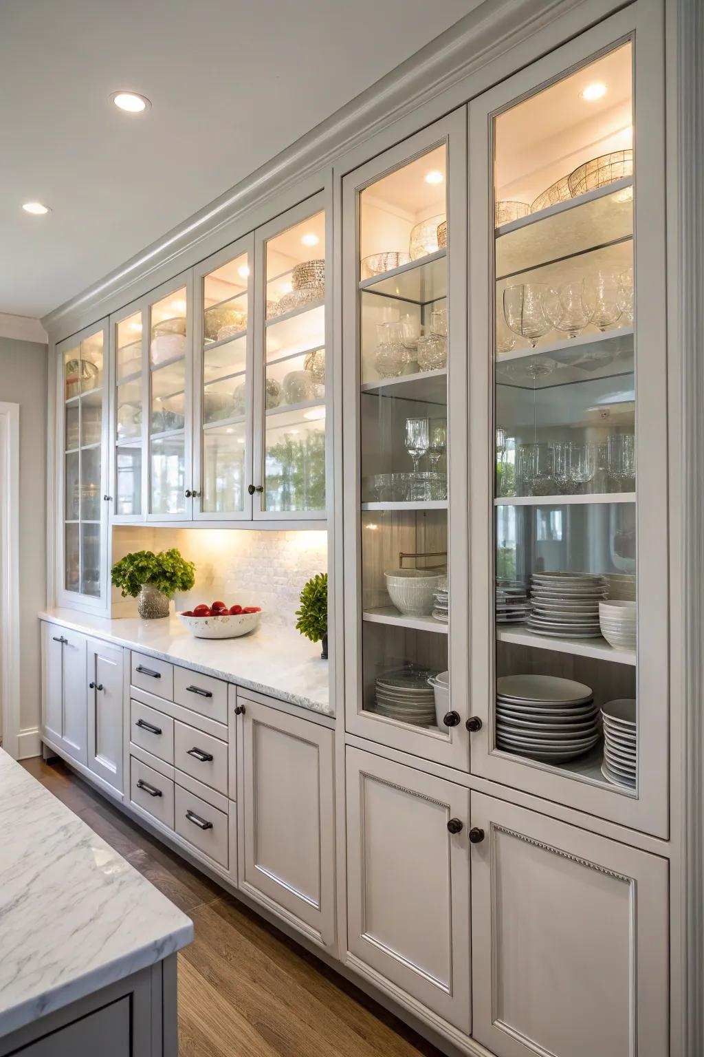 Crystal elements enhance openness in a windowless kitchen.