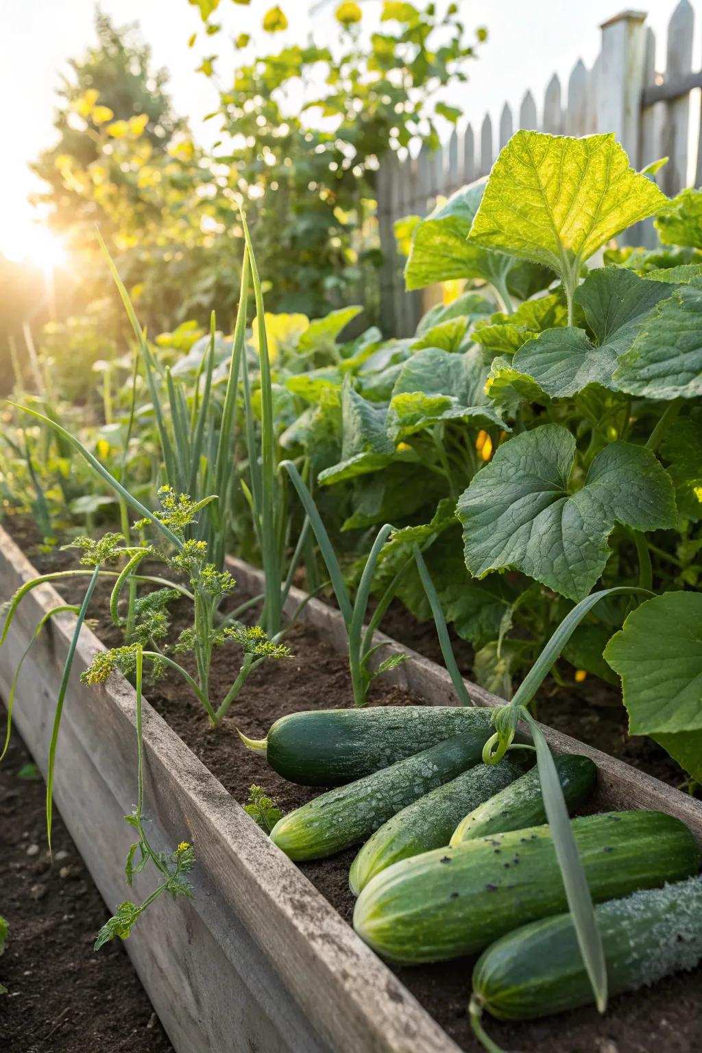 Cucumbers and alliums sharing space, thus warding off pests efficiently.