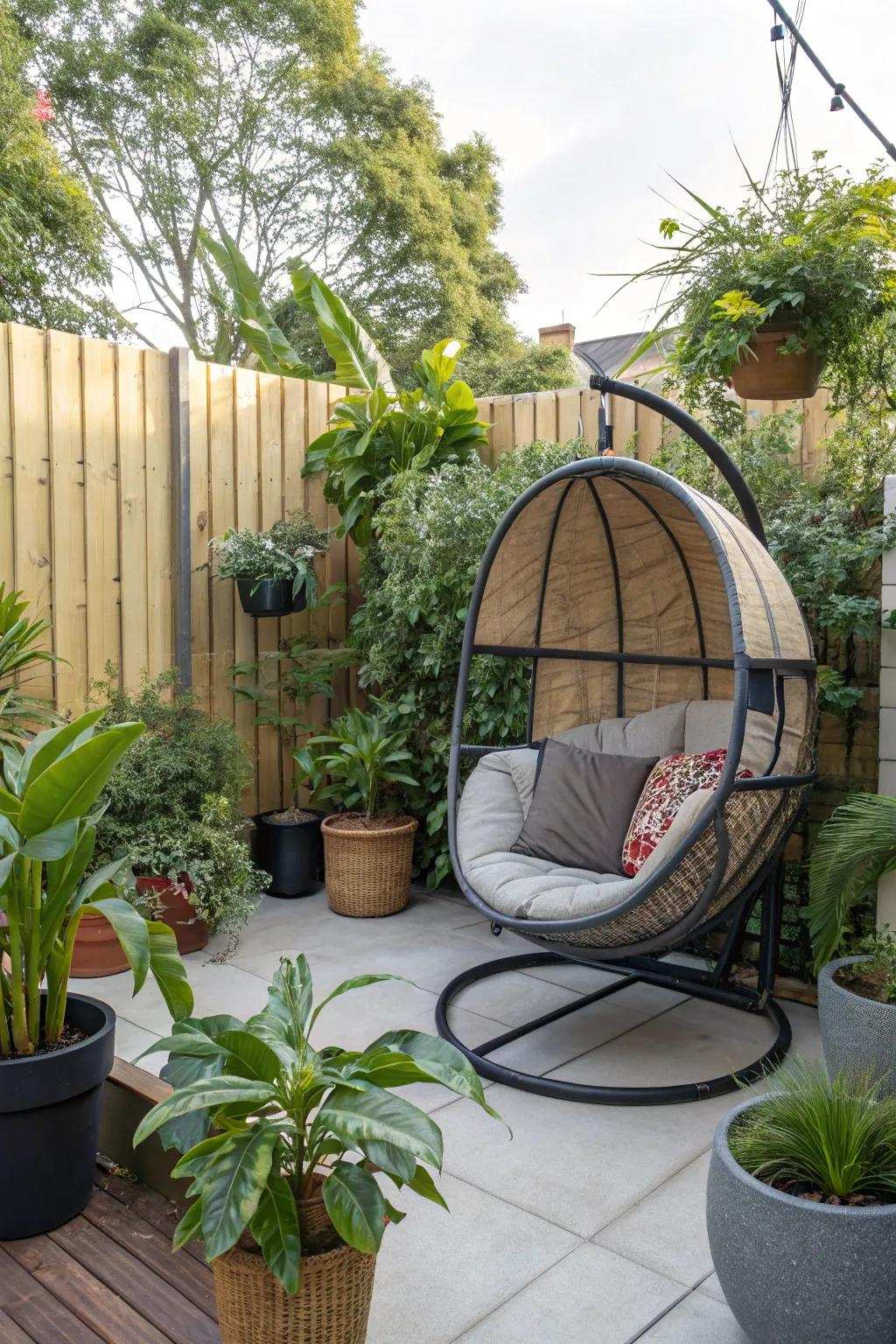 Cultivate a tropical sensation with a swing chair enveloped by vegetation.