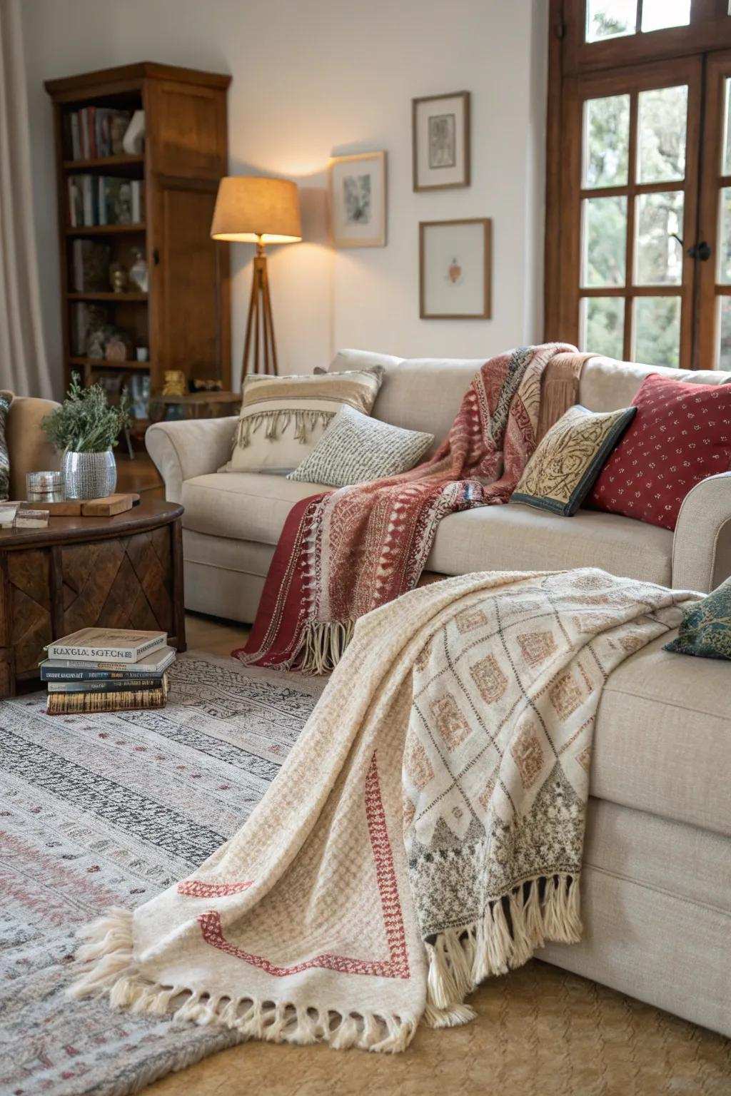 Cultivate coziness with overlaid fabrics.