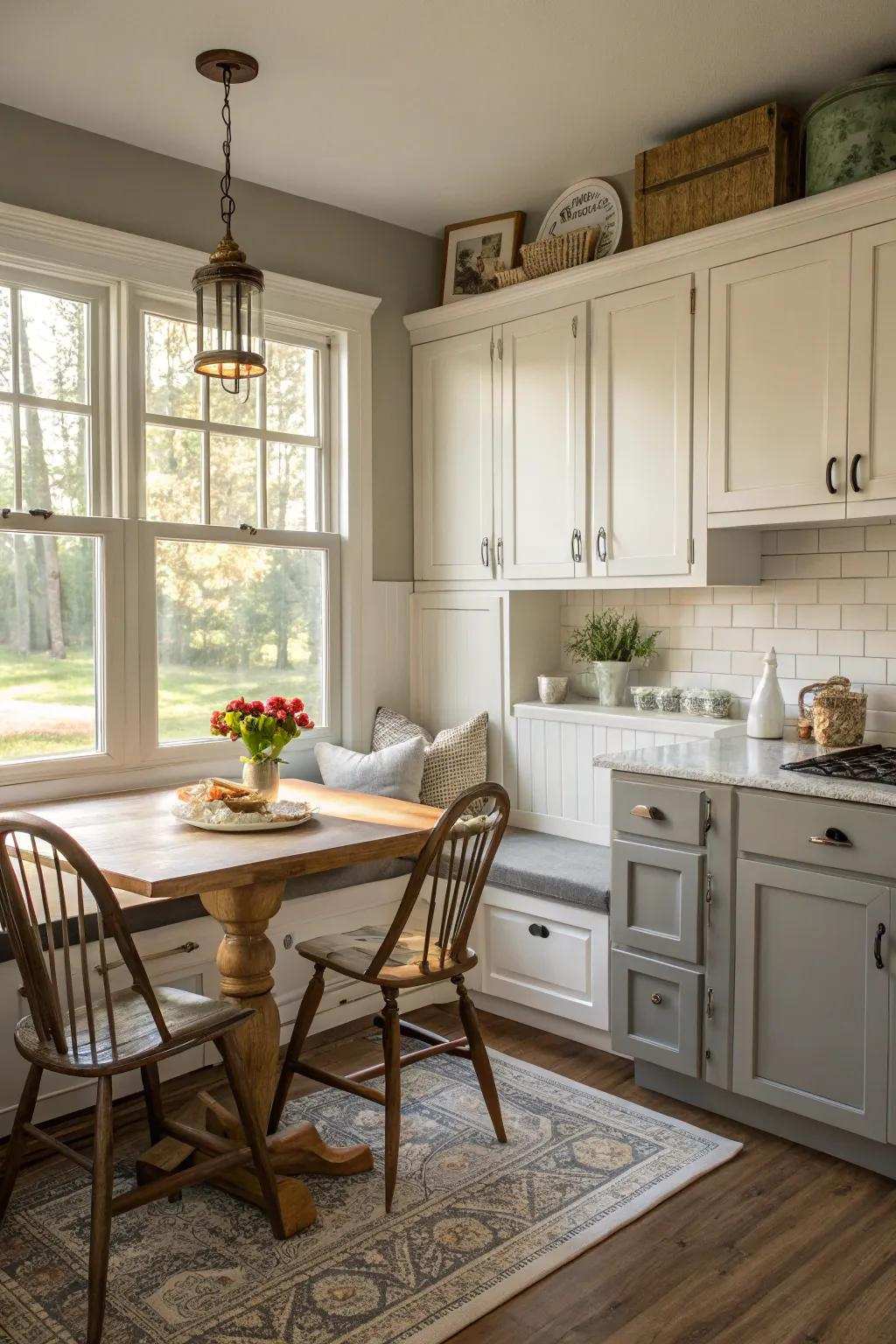 Cultivate visual intrigue through the implementation of a dual-tone cabinet coat scheme.