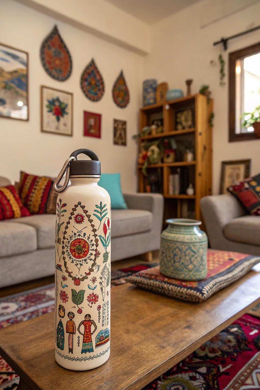 Cultural design reusable bottle decorations for a worldly touch.
