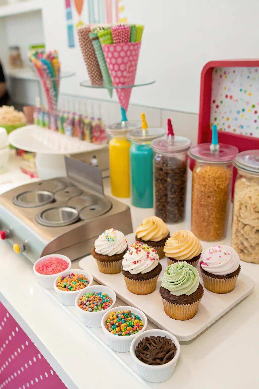 Cupcake decorating station with assorted toppings.