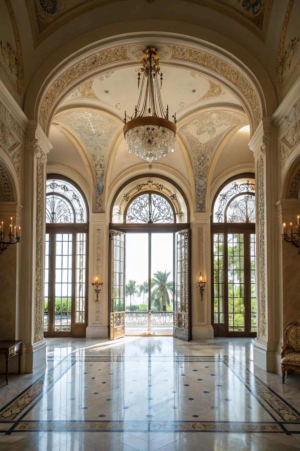 Curvilinear entryways and apertures introduce grace to a grand entryway.