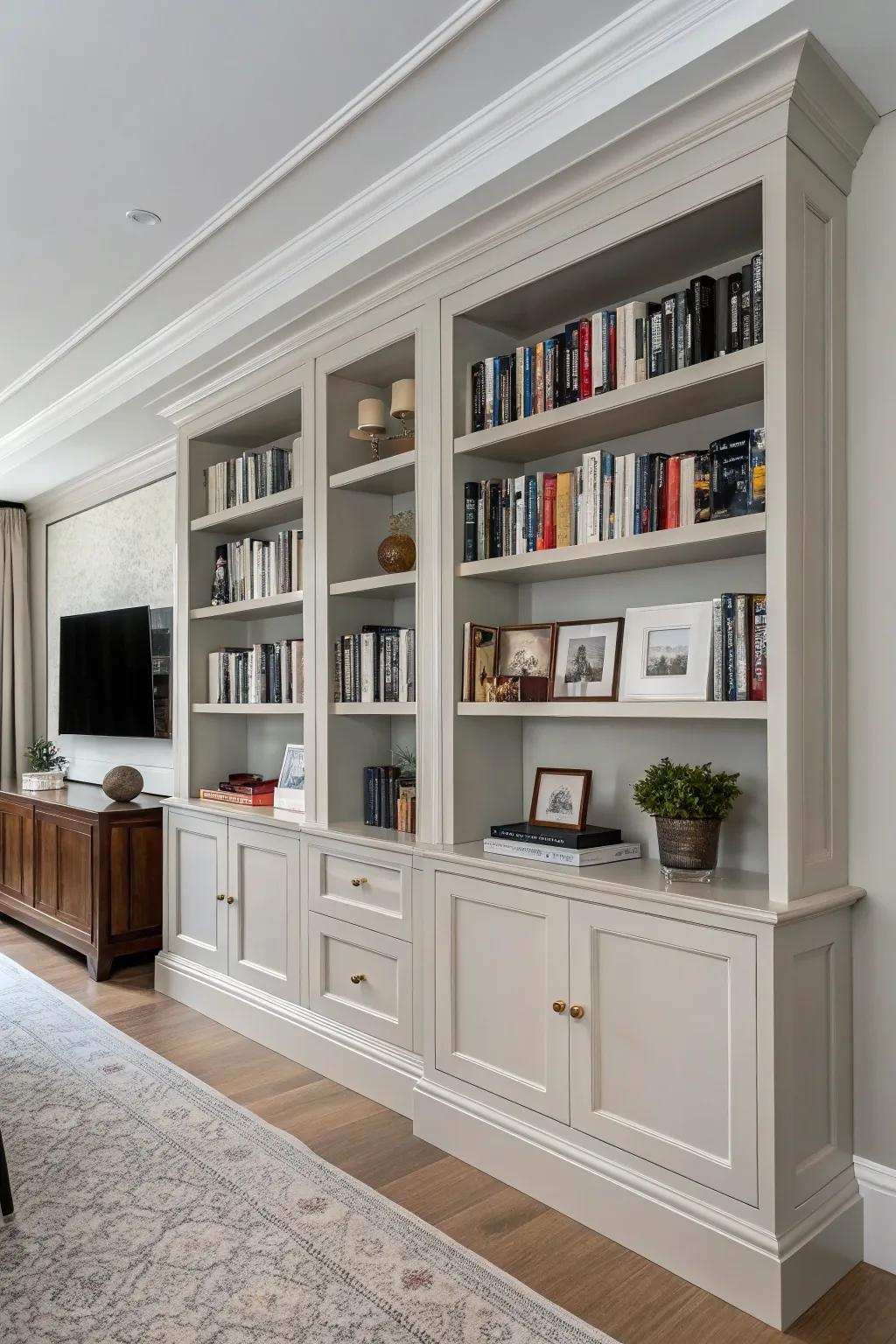 Custom-built shelves achieve a seamless design.