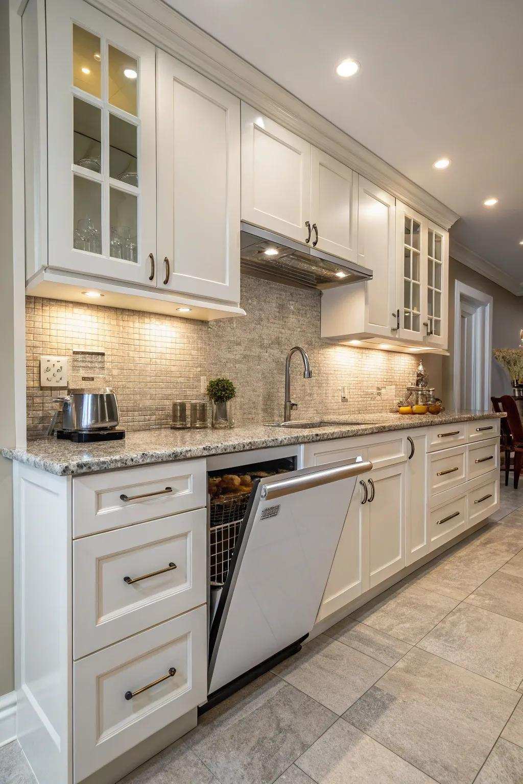 Custom cabinets providing an unique solution for dishwashing machine positioning.