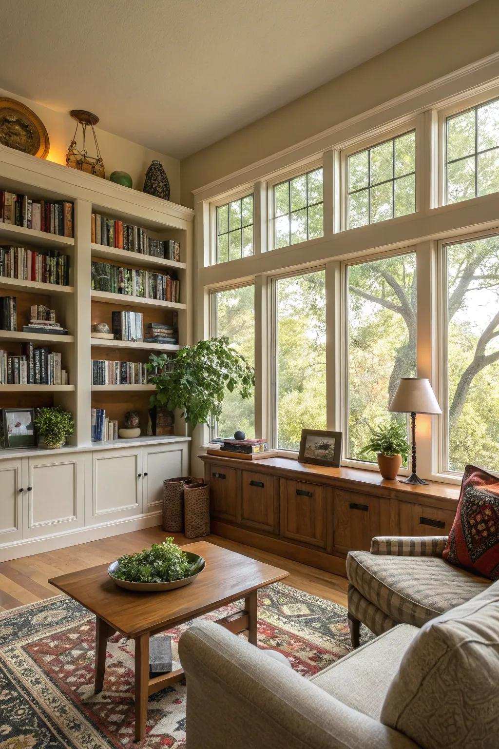 Custom shelving adding functionality and style to the window area.