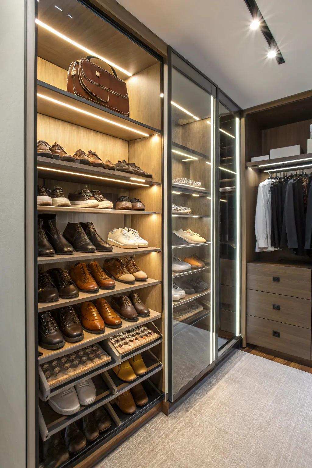 Custom shoe racks for an organized closet.