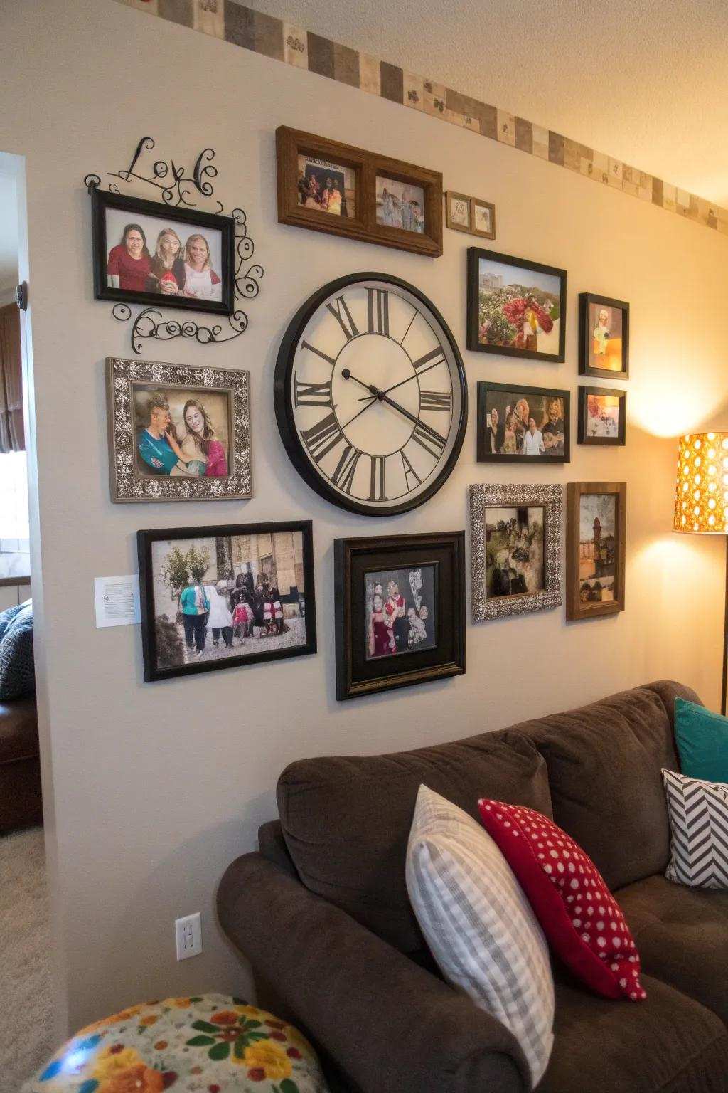 Customized embellishments around a wall clock design a heartwarming focal point.