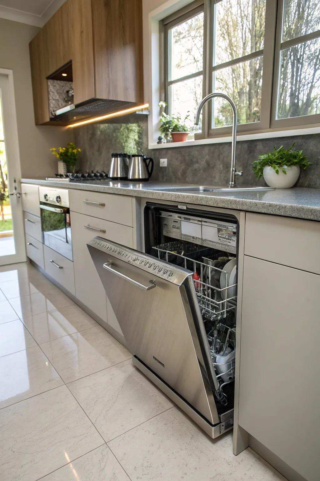 Cutting-edge hidden dishwashing machine design for a smooth cooking area aesthetic.