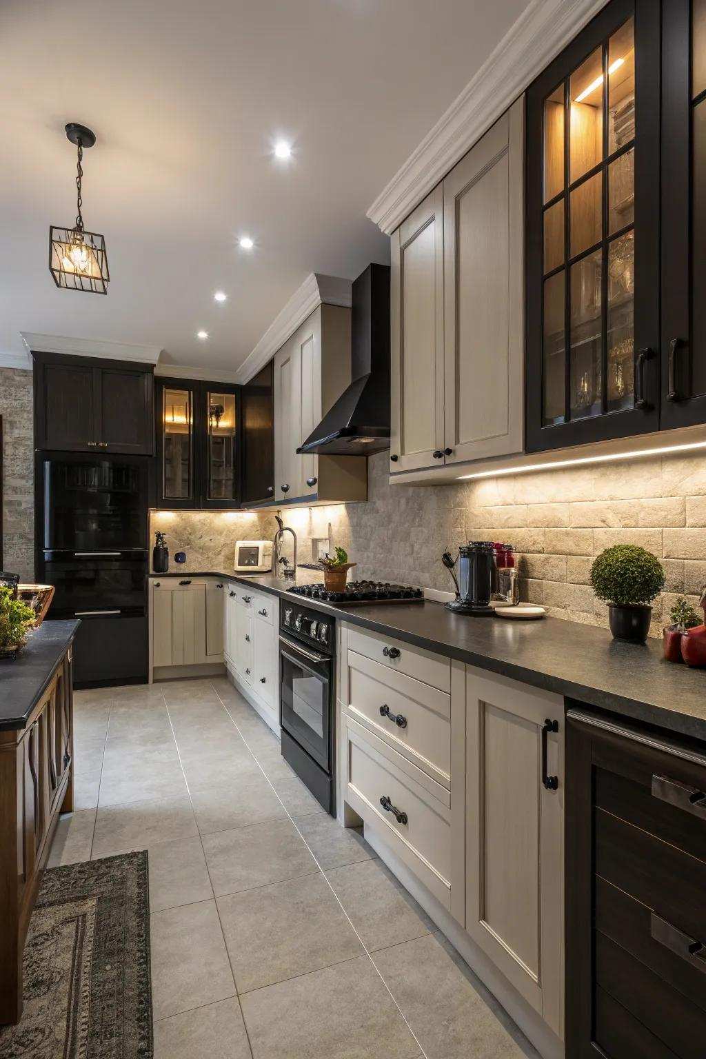 Dark accents create contrast and character in a windowless kitchen.