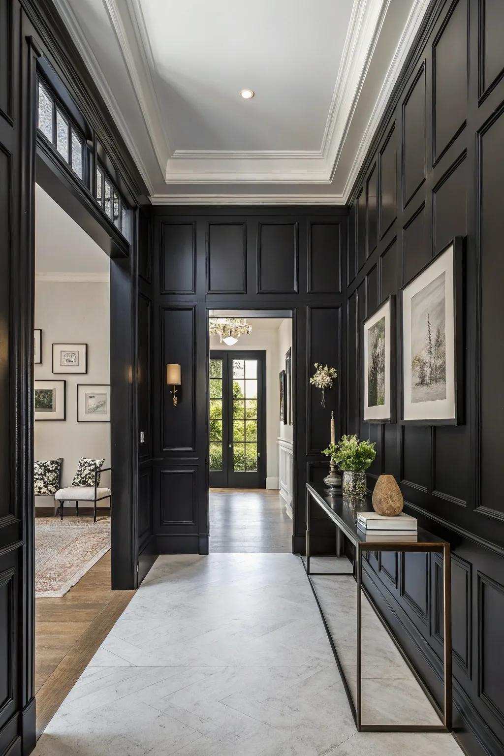 Dark decorative wall treatments add drama and sophistication to the entryway.