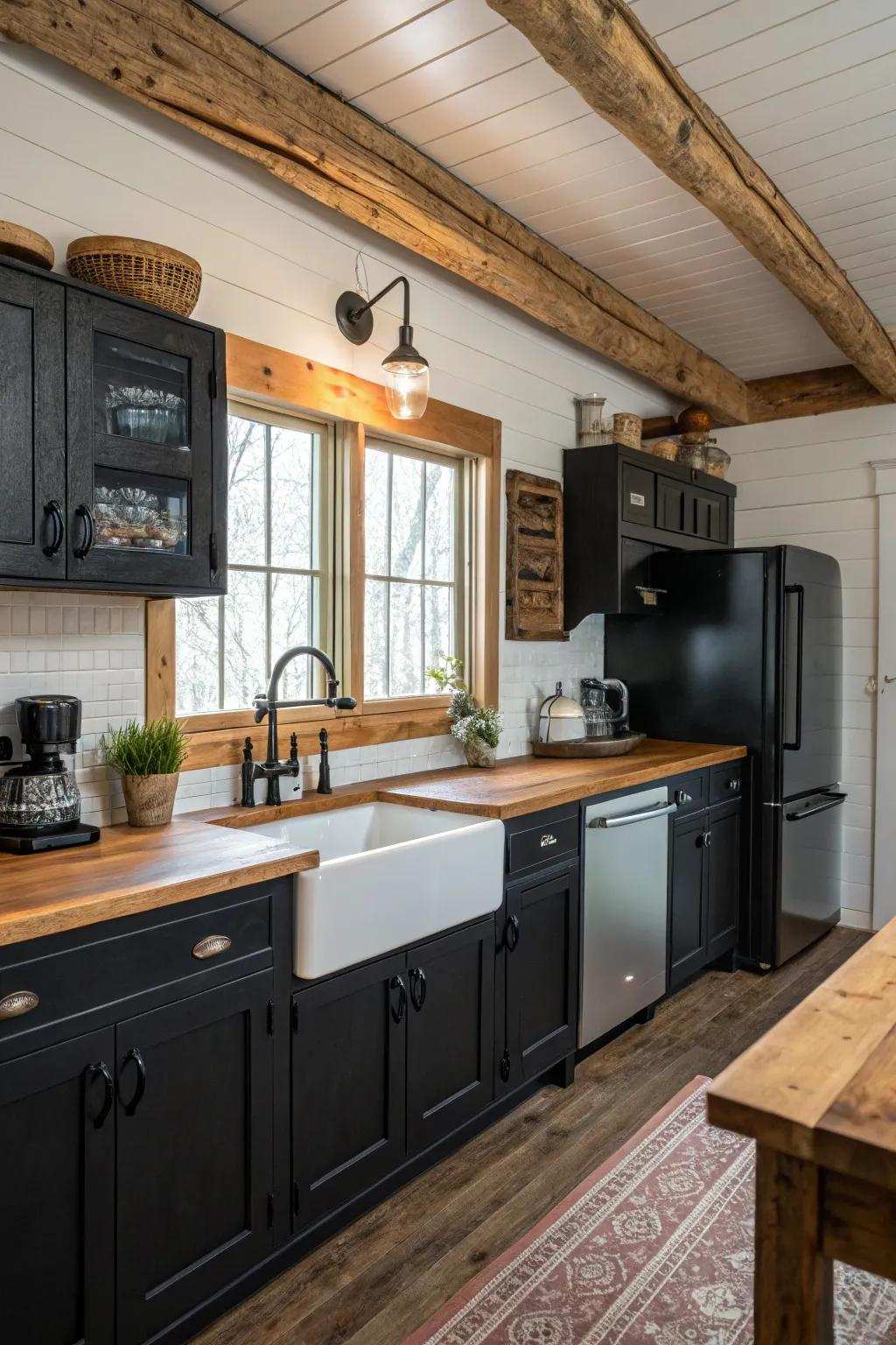 Dark elements with rustic features provide a modern twist.