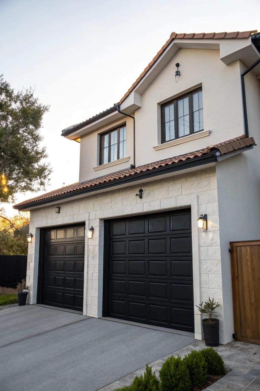 Dark garage doors emanate a daring, sophisticated vibe.